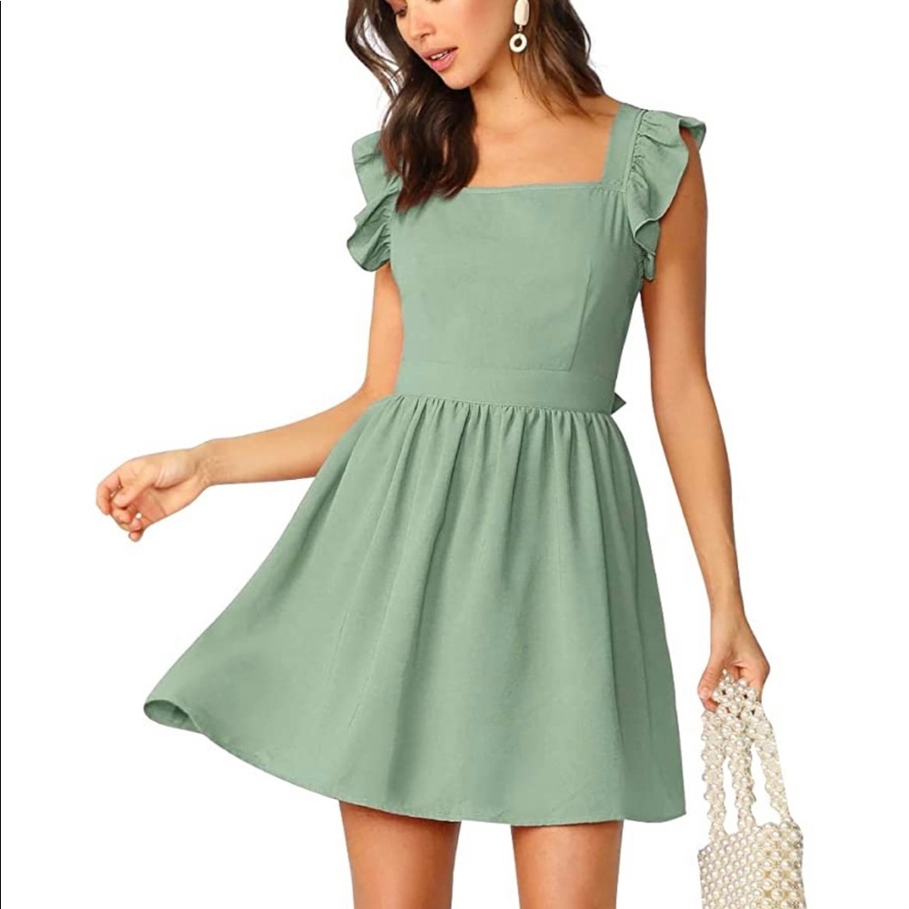 Romwe Women's Cute Tie Back Ruffle Strap A Line Fit and Flare Flowy Short Dress